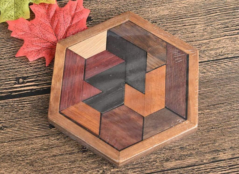 KINGOU 5.5x4.72 inch Wooden Brain Teaser Puzzle for Kids & Adults, High-Quality Timber, 11-Piece Tangram Toy
