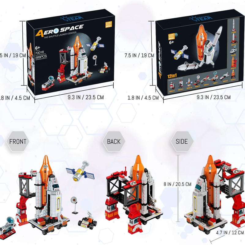Space Exploration Shuttle Toys for 6 7 8 9 10 11 12 Year Old Boys 12-in-1 STEM Aerospace Building Kit Toy with Heavy Transport Rocket and Launcher Best Gifts for 6-12 Year Old Boys (566 PCS)