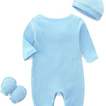 Baby Romper with Baby Mittens & Newborn Hats Footless Long Sleeve | Solid Onesie Hi Im New Here Baby Clothes Boy Girl Newborn Onesie Romper 0-3 Months Baby Boy Stuff Coming Home Outfit Gifts