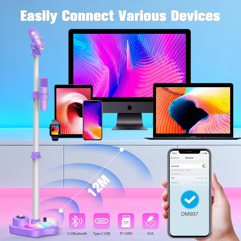 stand karaoke machine for kids, 2 wireless mics, rechargeable, kids microphone, birthday party gift