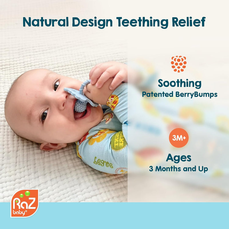 raZbaby raZberry silicone baby teether toy - berrybumps soothe babies sore gums - infant teething toy - hands free design - bpa free - easy-to-hold design - teething relief pacifier - fruit shape/red