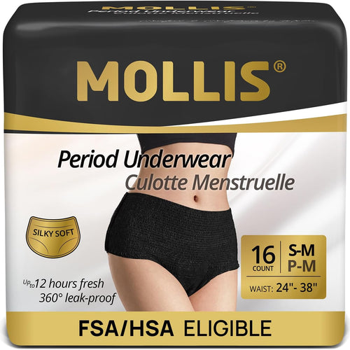 MOLLIS Disposable Period Underwear, Postpartum Panties, S/M, Black, 16Ct | Heavy Flow Period Underwear, Superior Absorbency, Leak Proof Design, Maternity Knickers, Soft Comfort Fit, Unscented