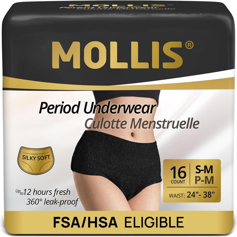 MOLLIS Disposable Period Underwear, Postpartum Panties, S/M, Black, 16Ct | Heavy Flow Period Underwear, Superior Absorbency, Leak Proof Design, Maternity Knickers, Soft Comfort Fit, Unscented