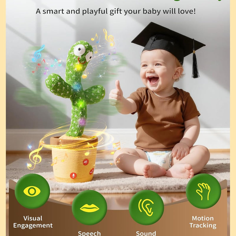 Adjustable Volume Dancing Talking Cactus Baby Toy for 0-6 Months, 4-Level Volume Control, 120 English Songs