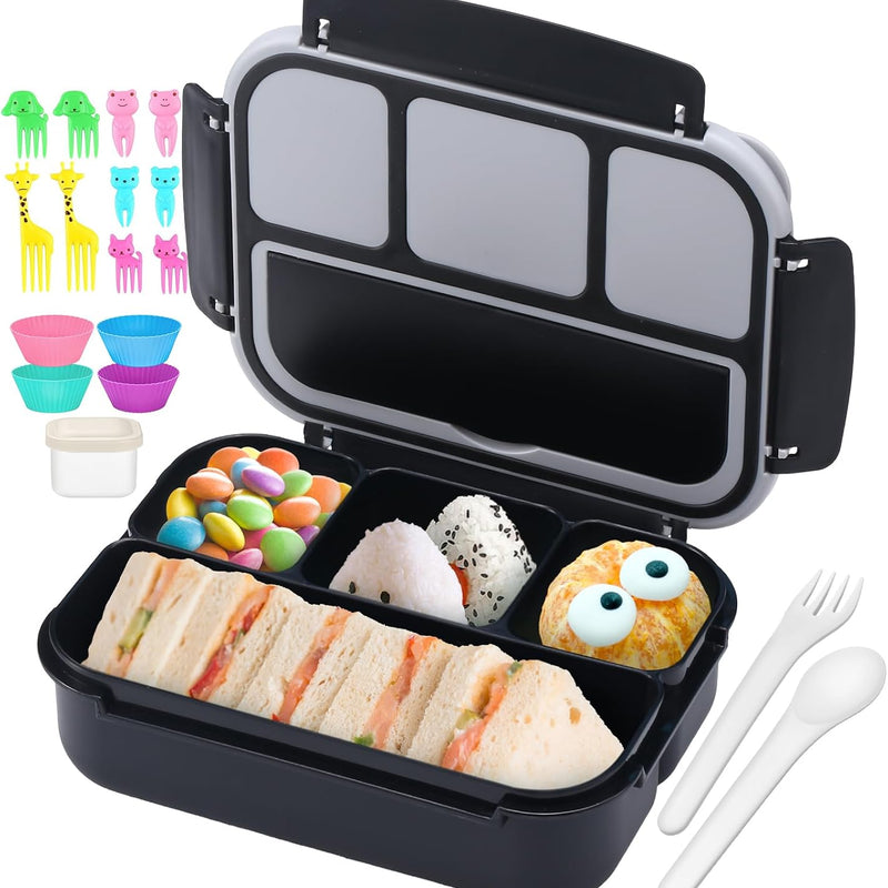 QQKO Bento Lunch Box for Kids Girls Boys, Toddler Kids Lunch Boxes for School, Lunch Containers for Adults with 4 Compartments, Sauce Container, Utensils, Food Picks and Muffin Cups, Purple