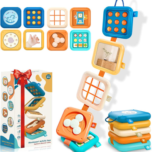 Portable Travel Toys for Baby 6-18M: 5 Foldable Cubes 7 Activity Panels | Busy Board for Car Seat & Airplane Trips - Builds Sensory Fine Motor Skills - Gifts for Baby Birthday Christmas
