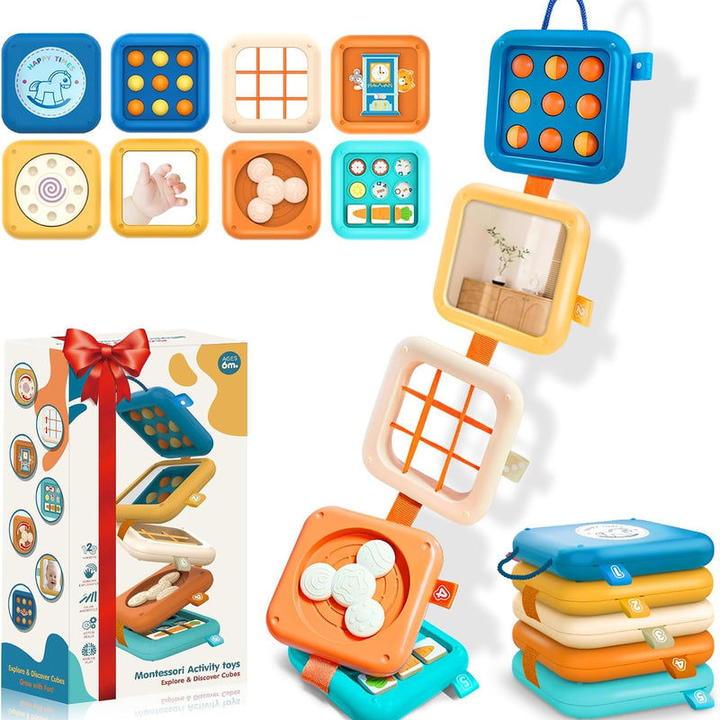 Portable Travel Toys for Baby 6-18M: 5 Foldable Cubes 7 Activity Panels | Busy Board for Car Seat & Airplane Trips - Builds Sensory Fine Motor Skills - Gifts for Baby Birthday Christmas