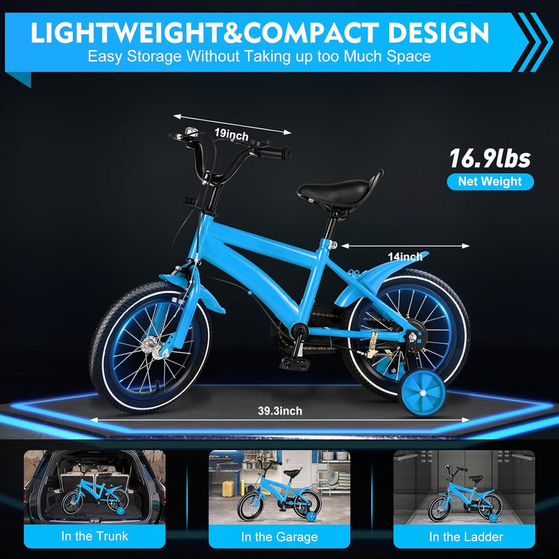 YIYIBYUS 14" Kids Bike, 14 Inch Children's Bicycle, Training Wheels, Adjustable Height, Dual Brake, Suitable for 3-6 Years Old