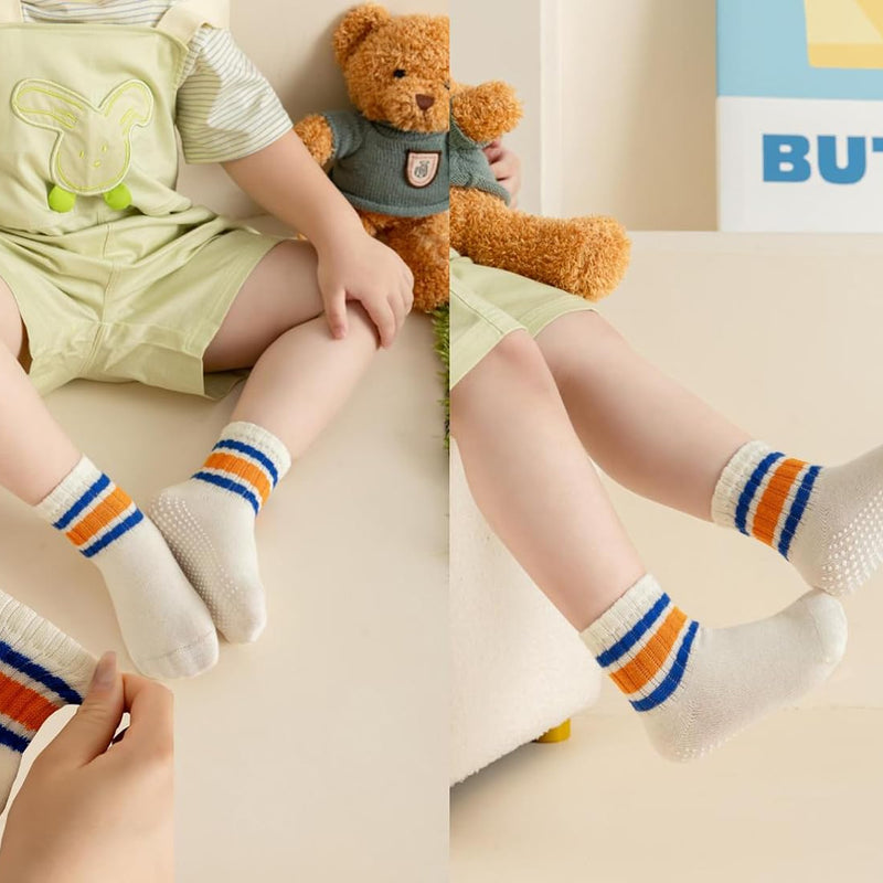 Toddler Grip Socks with Non-Slip Unisex Baby Stripe Crew Cotton Socks | Retro Seamless Ankle Socks for Girls Boys 6 Pairs