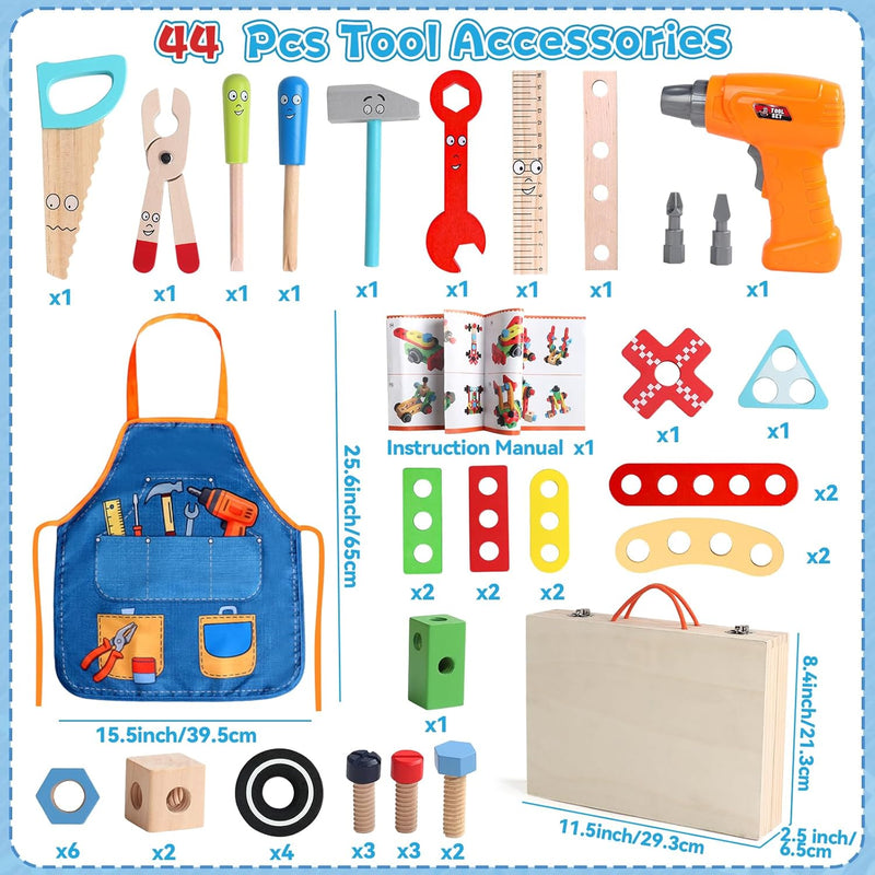 Educational Montessori Tool Set for 3-5 Year Old Boys and Girls, 44 Pcs Wooden STEM Toys with Drill and Apron