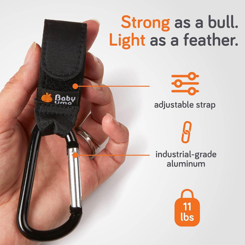 Baby Uma Stroller Hooks for Bags (2 Pack) - Non-Slip, One-Hand Use, 11 lb | These universal stroller clips open one-handed, resist slipping, and each carabiner hook holds 11 lbs—a travel essential.
