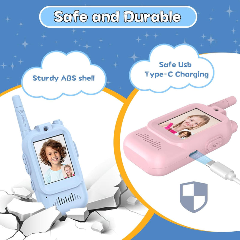 Rechargeable Long Range Walkie Talkies for Kids, 2 Pack, Age 3-5, Outdoor Use, Video and Voice Chat, Pink and Blue Design