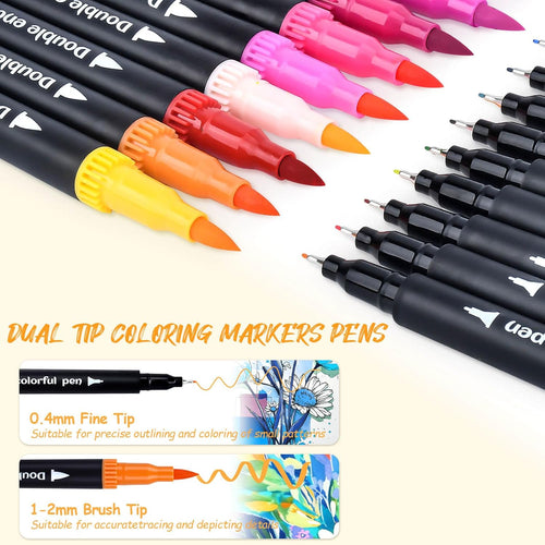 MIN CI 48 Colors Markers, Dual Tip with Fine Tip and Brush Tip Pens for Adult Coloring Book, Dual Brush Coloring Markers, Art Supplies Marker s Kit for Calligraphy, Drawing, DIY Crafts