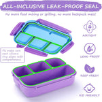 QQKO Bento Lunch Box for Kids Girls Boys, Toddler Kids Lunch Boxes for School, Lunch Containers for Adults with 4 Compartments, Sauce Container, Utensils, Food Picks and Muffin Cups, Purple