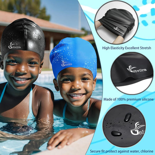 Extra Large Swim Cap for Kids Black Girls Aged 4 to 16 with Long Hair Braids Dreadlocks, Waterproof Silicone Swimming Hat Turban Hair Protection for Boys Toddler Children Youth