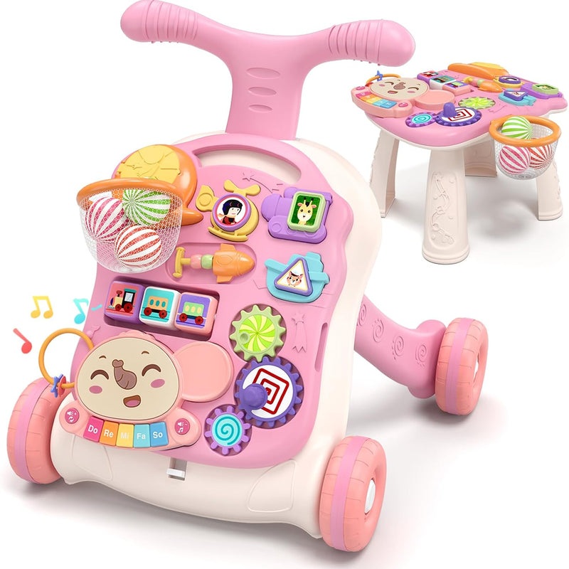 QDRAGON 3 in 1 Baby Walker and Activity Center for Girl 12-18 Months, Pink | Baby Push Walker, Sit to Stand Learning to Walk, Early Educational Push Toys with Music Panel for Infant Toddler