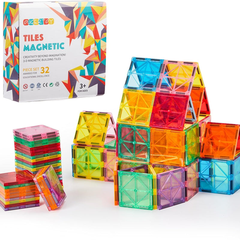 OugerToy 104PCS Magnetic Tiles STEM Building Blocks for Kids Ages 3-9, Educational Stacking Toys with Car Bases