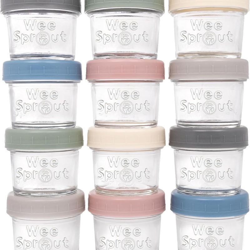 WeeSprout Glass Baby Food Storage Jars w/Lids (4 oz, 12 Pack Set) Snack, Puree, Reusable Small Containers, Breast Milk, Fridge or Freezer, Microwave & Dishwasher Safe, Essential Must Have for Infants