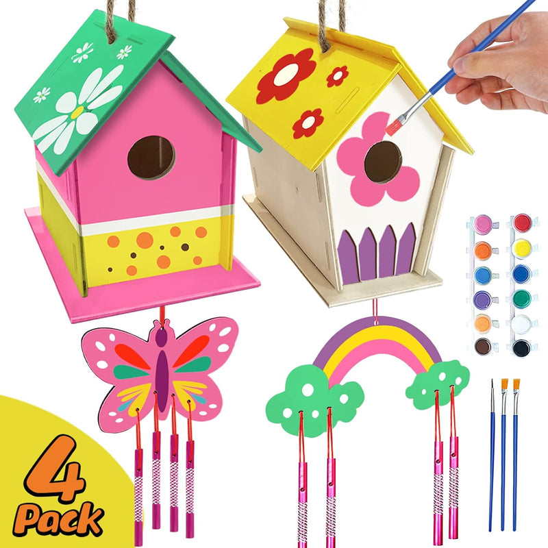 4 Pack DIY Bird House Wind Chime Kit for Crafts for Kids Ages 4-8 | Build and Paint Birdhouses Wooden Arts Kits Easter Basket Stuffers Gifts for Girls Kids Boys Toddlers Ages 3-5 4-6 6-8 8-12