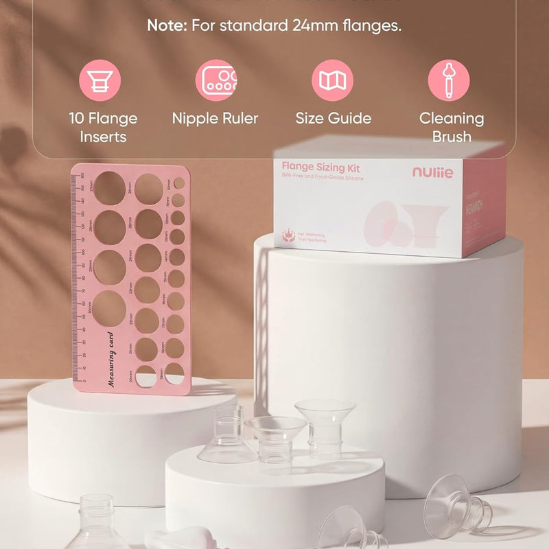 Nuliie Silicone Flange Inserts 13/15/17/19/21mm 10PCS for 24mm Breast Pump | Compatible with Spectra, Includes Nipple Sizer for Flanges for Accurate Sizing, Boosts Pumping Efficiency & Comfort, BPA-free