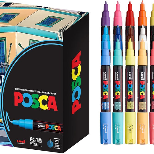 posca Acrylic Paint Markers, 1M Extra Fine Thin Tips, Artist Recommended Pens for Coloring Gifts, Decorations, Fabric, Canvas, Glass, Rocks or Metal, Set of 21