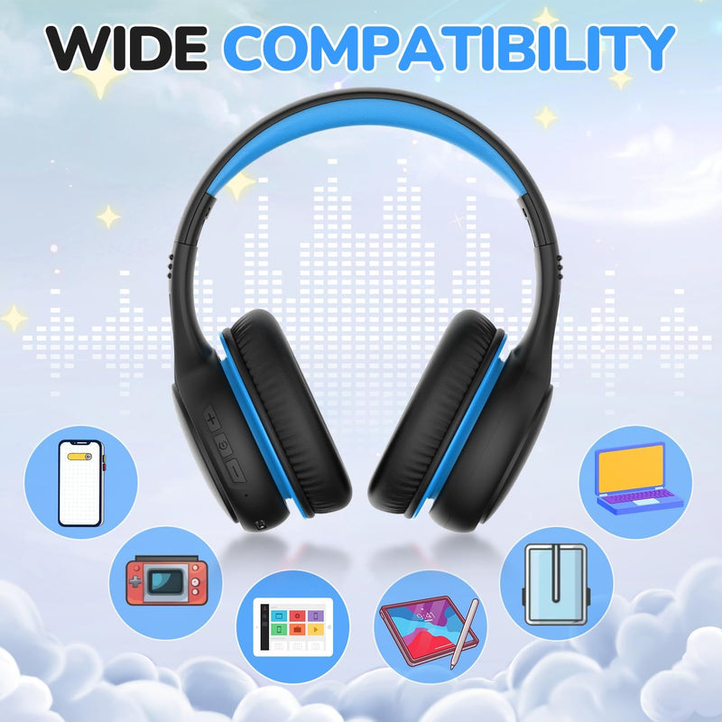 JoySpark Kids Bluetooth Headphones, 60 Hours Playtime, Bluetooth 5.4 Kids Headphones Wireless, Type-C Fast Charging, 85/94dB Volume Limited, Foldable Toddler Wireless Headsets with Mic-Black Blue