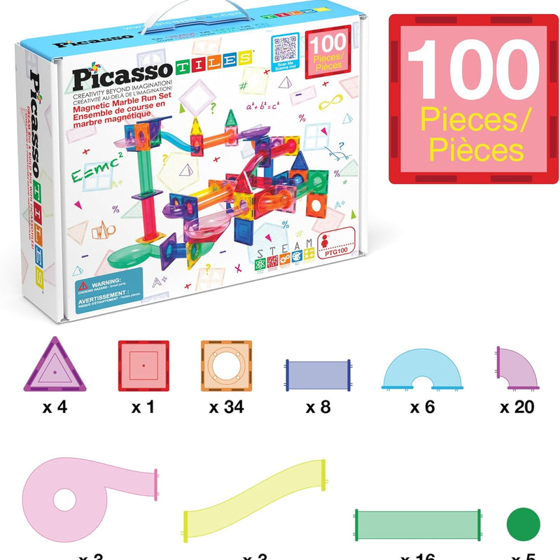 PicassoTiles 100pc Magnetic Marble Run Set with Racing Track Tiles Funnels Curved Slopes and Steel Balls for Kids STEM Construction Indoor Learning Toy that Promotes Focus and Problem Solving PTG100