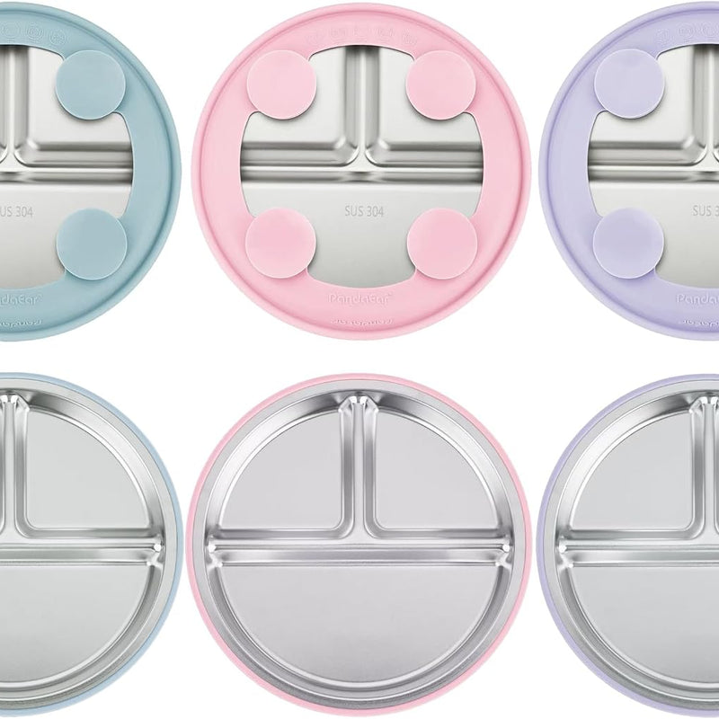 PandaEar 3 Pack Stainless Steel Baby Suction Plates, Divided Toddler Plate for Baby Led Weaning Supplies, Non-Slip Toddler Baby Feeding Set Dishwasher Safe (Pink/Linen/Light Pink)