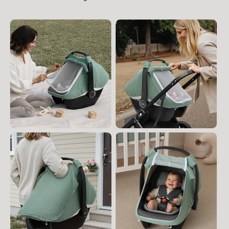 Blissful Diary Baby Car Seat Cover, Extra Large Mesh Window, Breathable Muslin Cotton, Infant Windproof Canopy, Must-Have Baby Gift - Roman Green