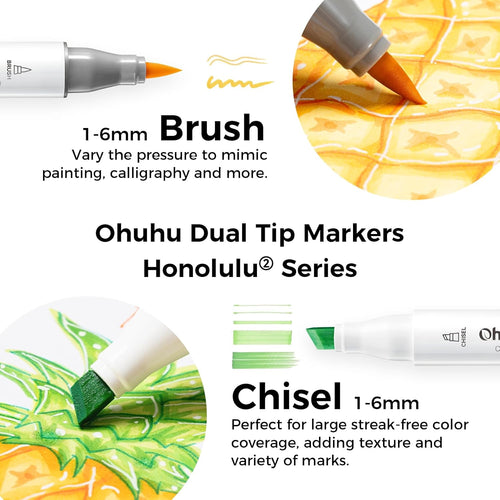 Ohuhu Alcohol Markers Brush and Chisel Tip: 48-Color Double Tipped Art Marker Set for Artist Adults Cozy Coloring Illustrations - Honolulu 2- Brush and Chisel Dual Tips- Refillable - AP Certificated