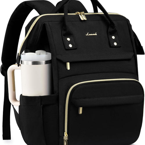 LOVEVOOK Laptop Backpack for Women with Giant Tumbler Holder Pocket,15.6 inch Waterproof Travel Backpack Purse Computer Laptop Bag,Professional Work College Nurse Teacher Backpack Casual Daypack,Black