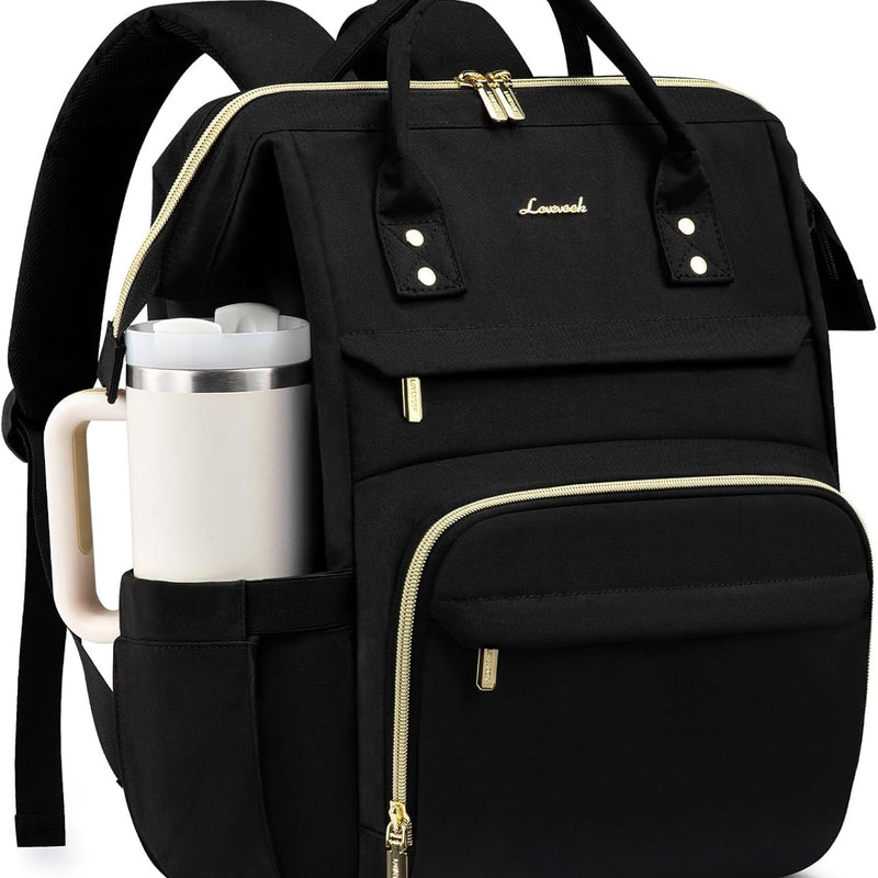 LOVEVOOK Laptop Backpack for Women with Giant Tumbler Holder Pocket,15.6 inch Waterproof Travel Backpack Purse Computer Laptop Bag,Professional Work College Nurse Teacher Backpack Casual Daypack,Black