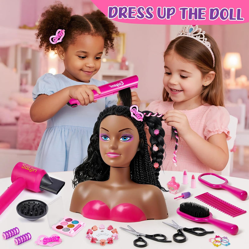 Cleboen Hair Styling Doll Head for Girls, Pretend Play Beauty Salon Makeup Kit with Hair Dryer, Straightener & Real Nail Polish, 35PCS Hair Accessories Playset, Birthday Gifts for Girls Age 4-6 6-8