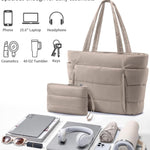 Bagstellar Puffer Tote Bag for Women, Lightweight Puffy Travel Gym Work Bag | 16 Pocket Teacher Nurse Quilted Shoulder Handbag Large Cloud Carry On 15.6" Laptop Computer Purse for School Nursing Clinical