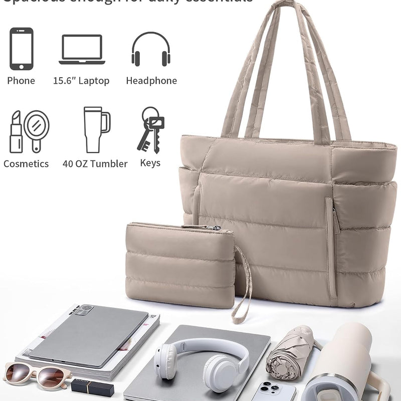 Bagstellar Puffer Tote Bag for Women, Lightweight Puffy Travel Gym Work Bag | 16 Pocket Teacher Nurse Quilted Shoulder Handbag Large Cloud Carry On 15.6" Laptop Computer Purse for School Nursing Clinical