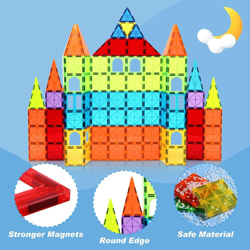OugerToy 104PCS Magnetic Tiles STEM Building Blocks for Kids Ages 3-9, Educational Stacking Toys with Car Bases