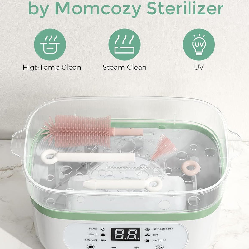 Momcozy 7-in-1 Baby Bottle Brush Set with Drying Rack, Pink | Silicone Nipple Straw Brushes, Soap Dispenser Storage Box, Foldable Drain Rack, Portable Bag, BPA-Free, Home & Travel