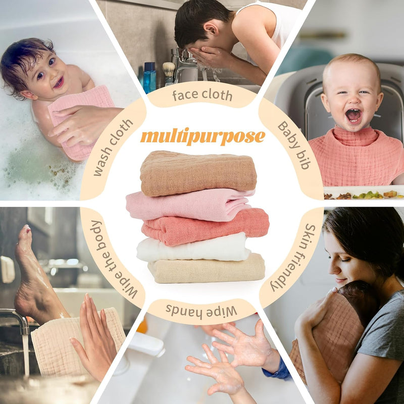 MIGIOL Baby Burp Cloths 100% Cotton Newborn Muslin Burp Cloths 10x20 inches Baby Essentials Pink & Coffee 5-Pack
