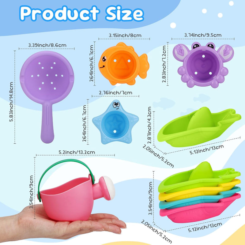 Fajiabao Toddler Bath Toys for Kids Ages 1-3 Multi-Play in Tub Water Pool | Learning Mold Free Bath Toys with Color Stacking Cups & Watering Can Interactive Shower Toys for 1 2 3 4 5 6 Birthday Gifts