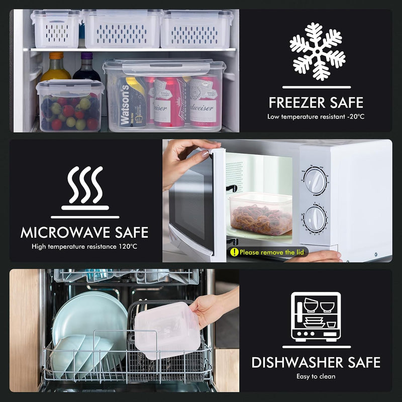 HOTEC 5-Pack Large Fruit Storage Container for Fridge Leak proof with Removable Colander, BPA Free Dishwasher & microwave safe Largest 4.15L