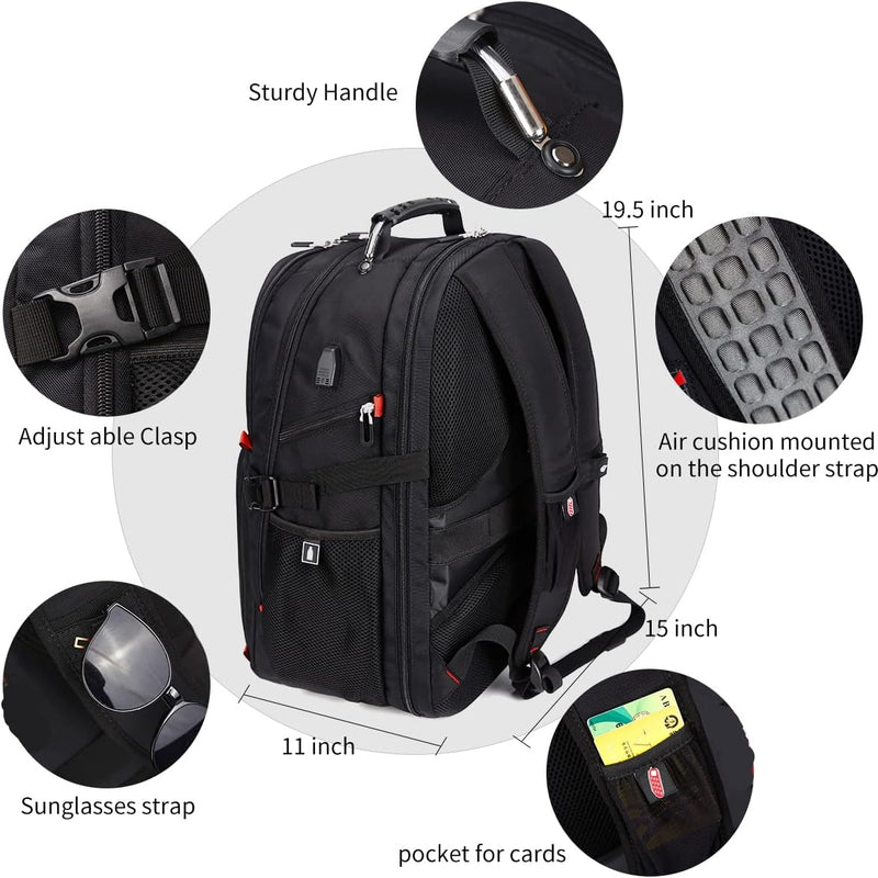 SHRRADOO Extra Large 50L Travel Laptop Backpack with combination lock, College Backpack Airline Approved Business Work Bag Fit 17 Inch Laptops for Men Women,Black