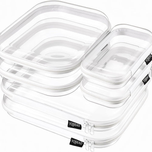 YQBRAO Clear Hard Shell Zipper Cases, 6 Multi-Size Organizers, White | Rigid clear shells in three practical sizes organize toiletries, cosmetics, cables, stationery and household essentials