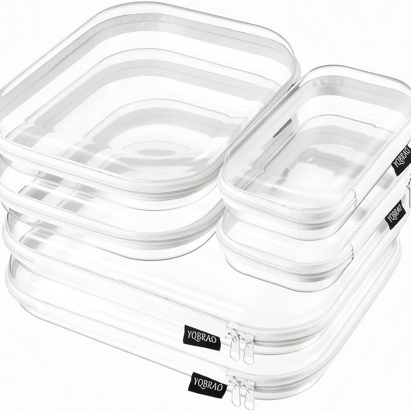 YQBRAO Clear Hard Shell Zipper Cases, 6 Multi-Size Organizers, White | Rigid clear shells in three practical sizes organize toiletries, cosmetics, cables, stationery and household essentials