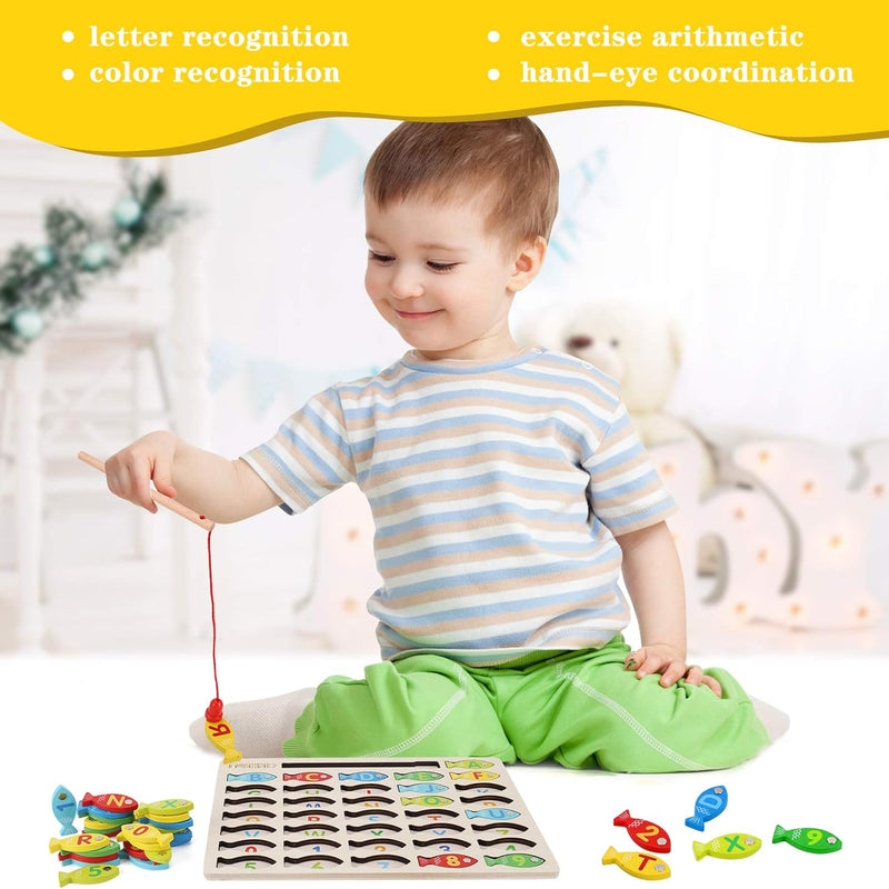 Magnetic Wooden Fishing Game Toy for Toddlers, Alphabet Fish Catching Counting Games Learning Toy 3 4 5 Years Old Kids