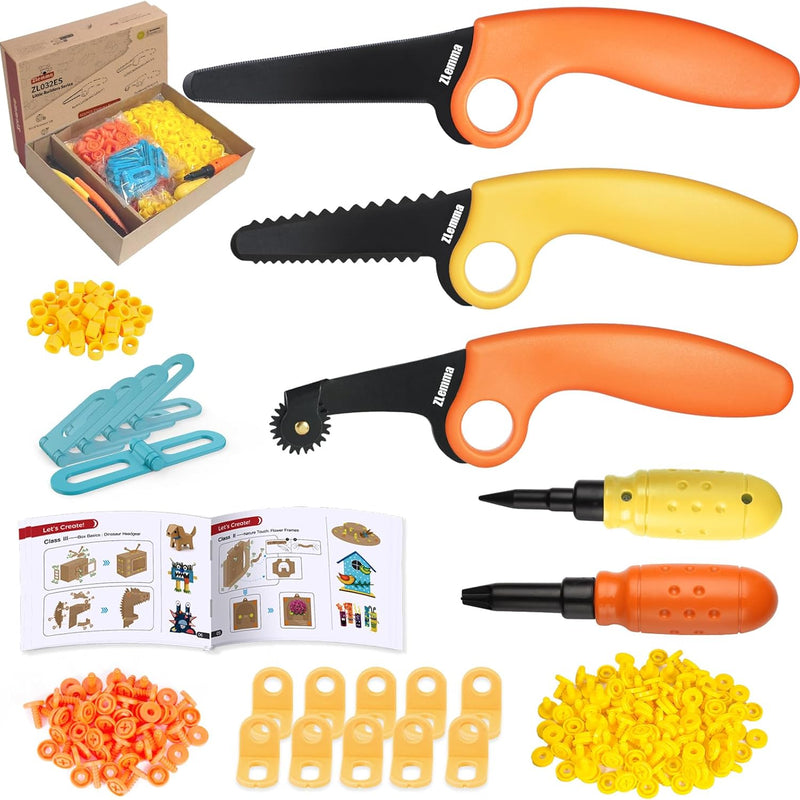 Cardboard Construction Kit - 401 PCS Kids Building Set with Safe Serrated Cutter, Crease Roller, Screws & Nuts, STEM Upcycled Tool for DIY Cardboard Projects, Engineering & Creativity