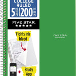 Five Star Spiral Notebook + Study App, 5 Subject, College Ruled Paper, 8-1/2" x 11", 200 Sheets, Fights Ink Bleed, Water Resistant Cover, Black (72081)