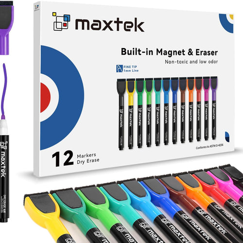maxtek Magnetic Whiteboard Markers - 12 Count Colorful Fine Tip Dry Erase Markers with Eraser for Kids, Low Odor Thin Markers for Calendar Boards