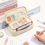 SUNEE Cute Pencil Case, Soft Corduroy Large Capacity Pencil Pouch, Aesthetic Zipper Pencil Bag, Big Storage Pen Organizer for Stationery, Pencil Box Back to School Supplies for Teen Girls Boys, Beige
