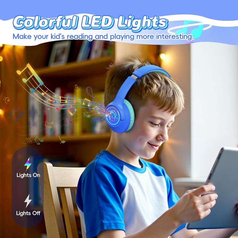 Kids Bluetooth Headphones with 85H Playtime, LED Lights, and 85/94dB Volume Limit, Blue