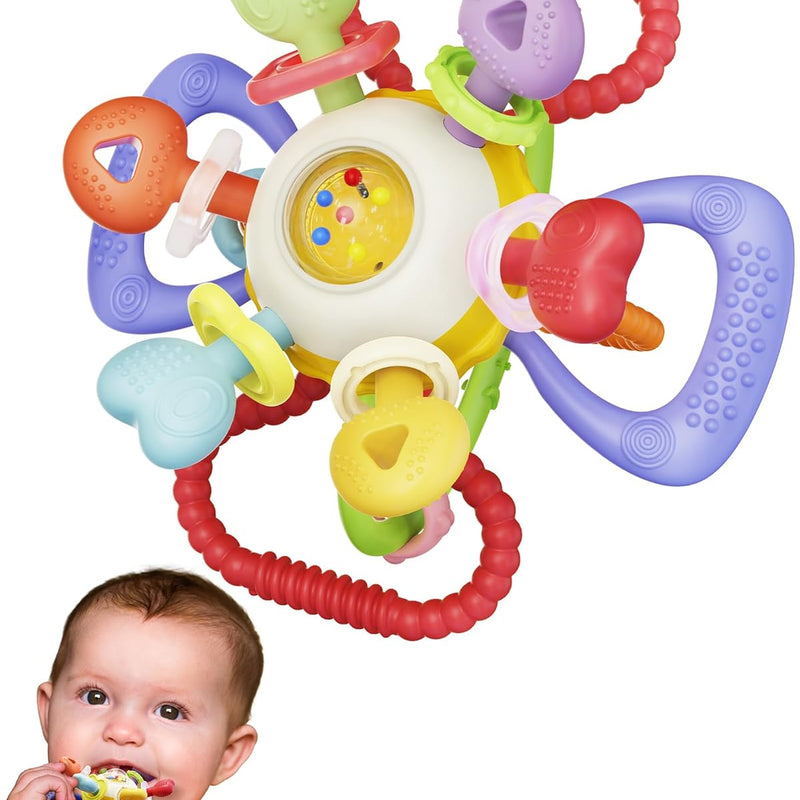 Baby Montessori Silicone Teething Toy with Rattle - Safe, BPA-Free for Teething Relief & Sensory Play, 0-12 Months